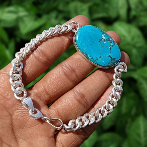 Amazing Blue Turquoise Gemstone Chain Bracelet 925 Silver Plated