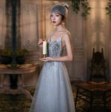 Women's Gorgeous Spaghetti Strap Sequin Flared Evening Dress Cocktail Prom 