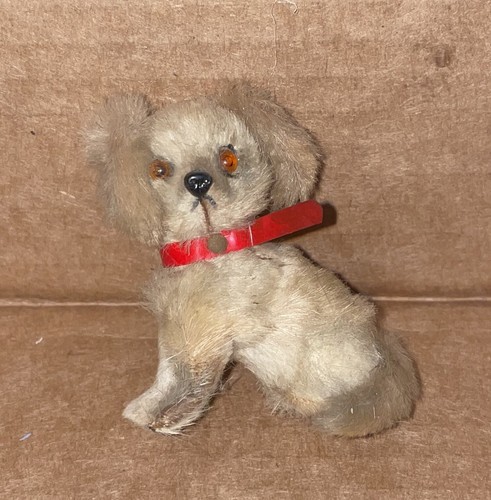 Vintage Original Fur Toys West Germany Tan Dog w/ Red Collar Orange Eyes & Tag