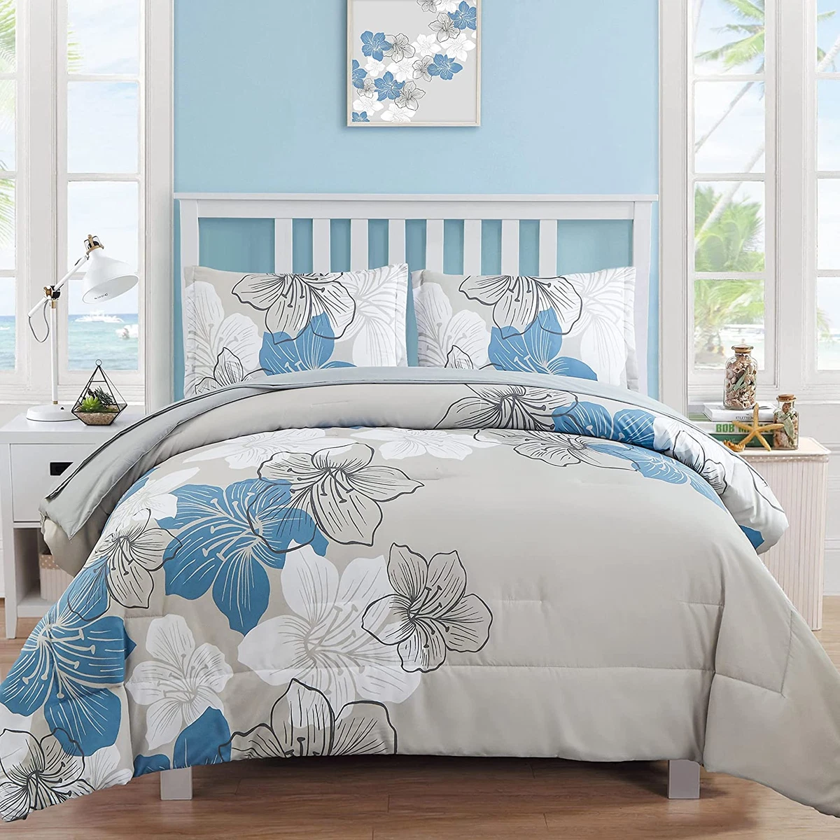 Floral Comforter Set Queen, Blue Floral Printed on Light Grey, Soft