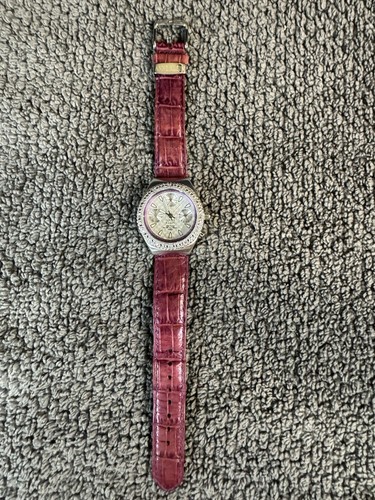 Anne Klein Watch 12/7415 Day Date Month Quartz Analog Gem Set Bezel Brown Band - Picture 2 of 4