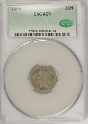 Tres centavos de níquel 1866. CACG AG3. BLZ001BL