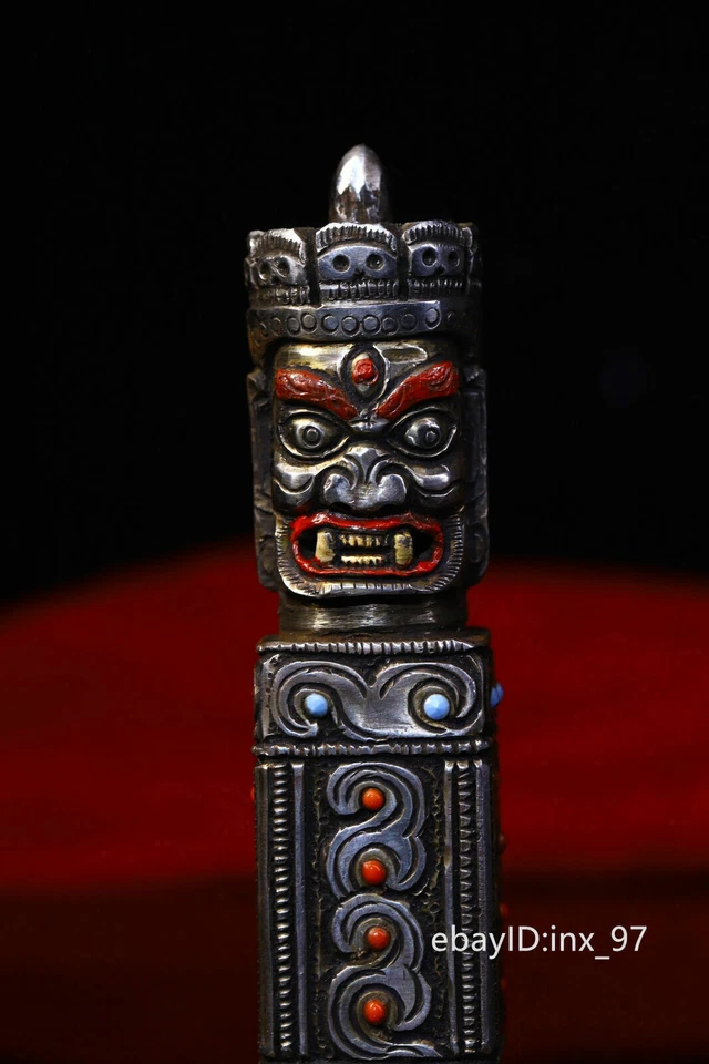 4.4" China Antiguo Tíbet Grabado a Mano Incrustaciones Piedras Preciosas Pintadas Sello Dharma Foto 2 de 4