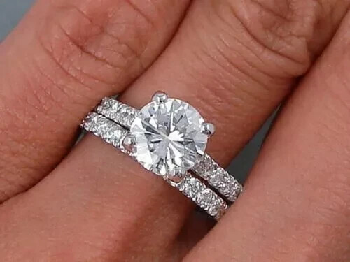 3.15Ct Round Cut Real Moissanite Wedding Ring Set 14k White Gold Plated