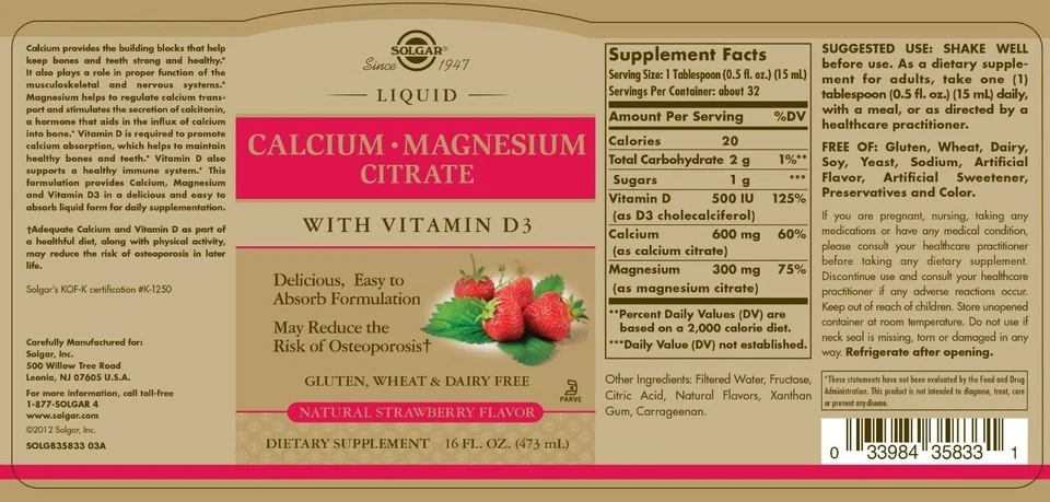 2x Solgar Líquido Calcio Magnesio Citrato Vitamina D3 Fresa Natural 16oz Foto 2 de 2