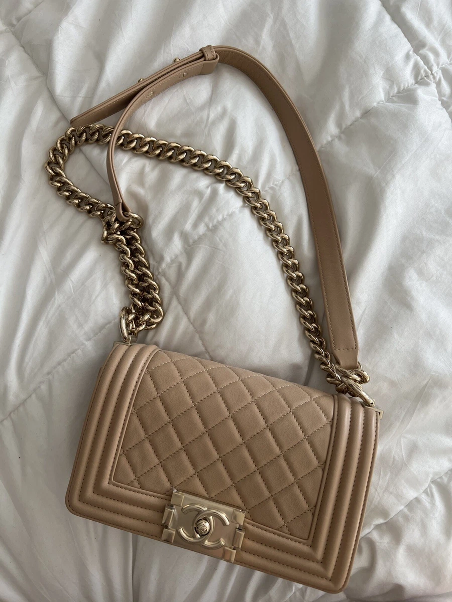 Chanel Small Boy Bag Beige CalfSkin shiny light gold Hardware | eBay Chanel Small Boy Bag Beige Calfskin Shiny Light Gold Hardware | Ebay