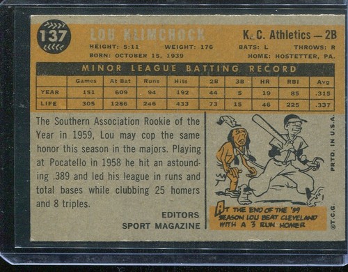1960 Topps Baseball # 137 Lou Klimchock Rookie Star (NM) Near Mint - Picture 2 of 2