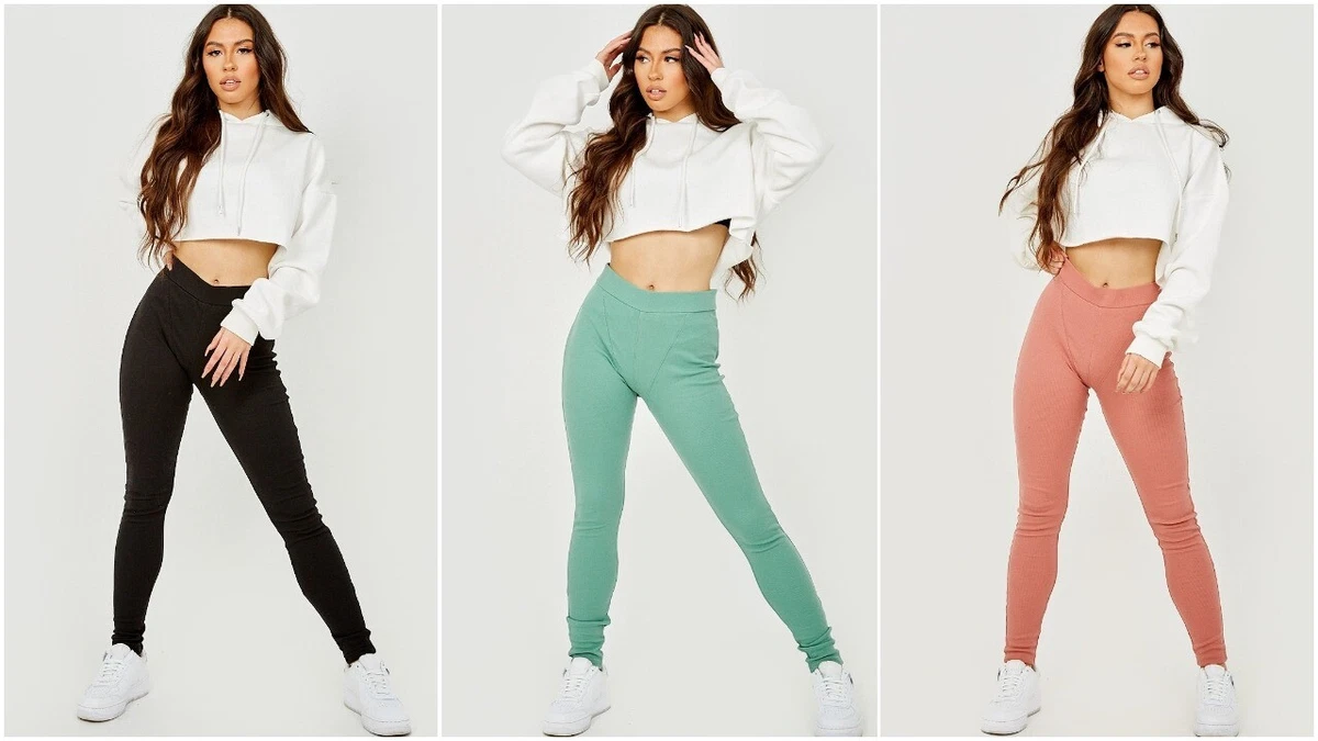UK Women Ribbed Gym Leggings Seam Detail High Waist Stretch Running Yoga Pants