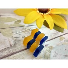 Blue  Yellow Square-Shaped Sea Glass Earrings, Ladies Fashion Handmade