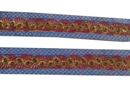 Om Vintage Indian Sari Border Art Silk Beaded Blue Ribbon Lace Trim 2.6 W" L197 - Picture 4 of 11