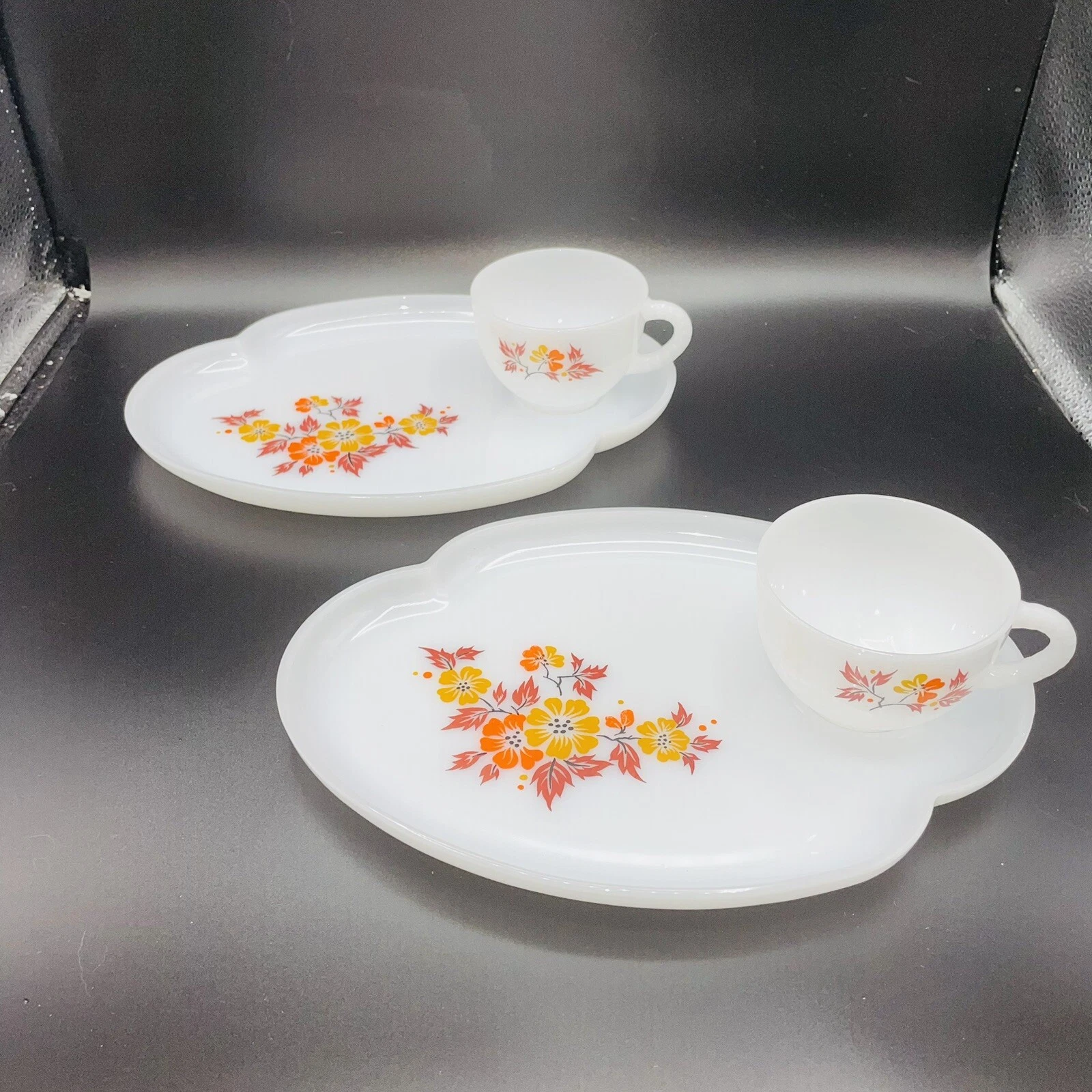 VTG (2) FEDERAL Milk Glass ATOMIC FLOWER Patio Snack Sets Riverdale (see Notes)