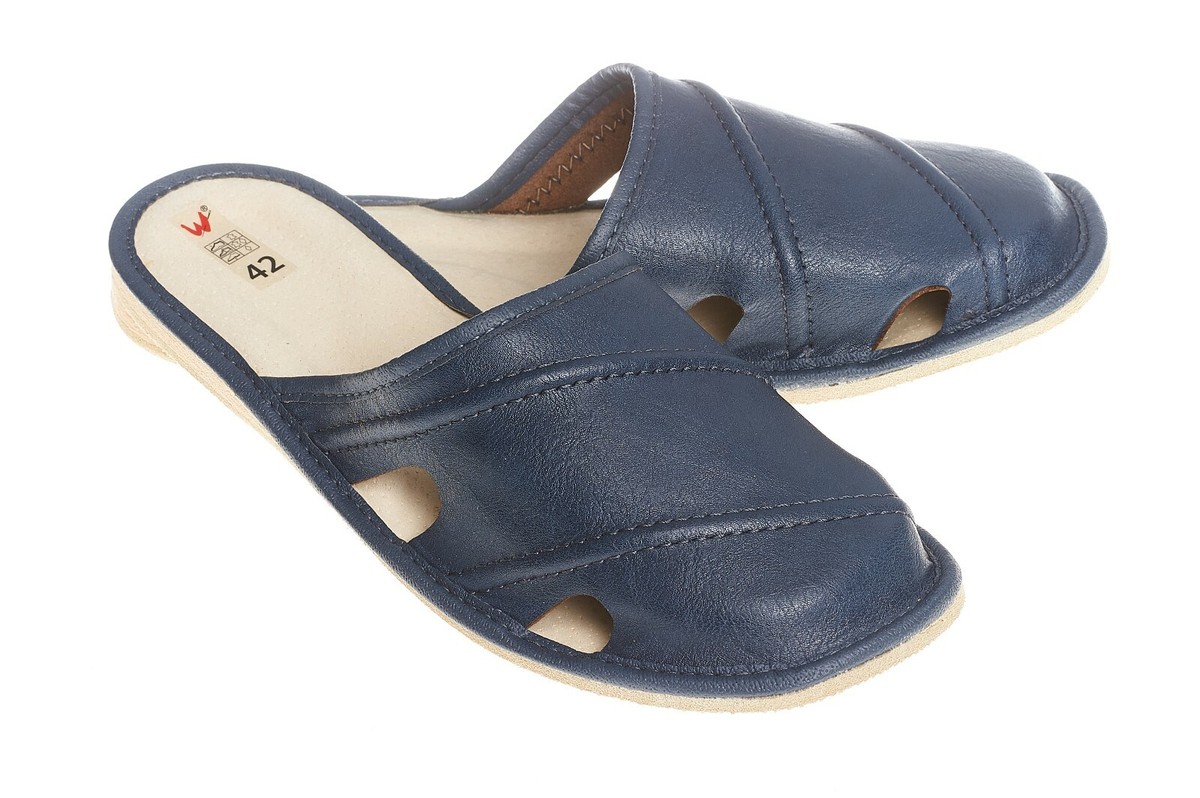 Chaussons / Pantoufles Pour Homme En Cuir Véritable - Taille 40 à 46 - Fait Main - Semelle Antidérapante Bleue