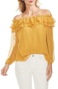 yellow ruffle off the shoulder top