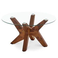 Ivinta Round Glass Coffee Table with Cross Wood Legs for Living Room