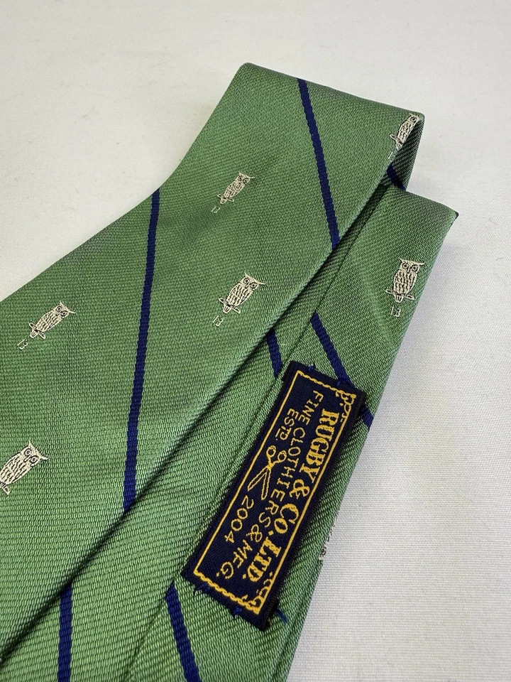 Gravata de gola de seda padrão bordado coruja boêmia verde rugby Ralph Lauren “13” - Imagem 3 de 4