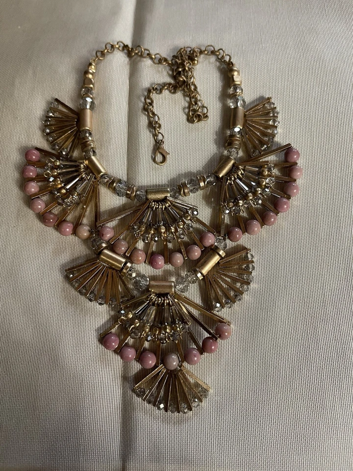 Colar de colar de joias fantasia robusto tom de ouro rosa 16” cristal ventilador sem assinatura JB2 - Imagem 2 de 4