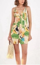Farm Rio Tropical Toucan Bird Print Linen Blend Button Front Midi Dress XS RARE