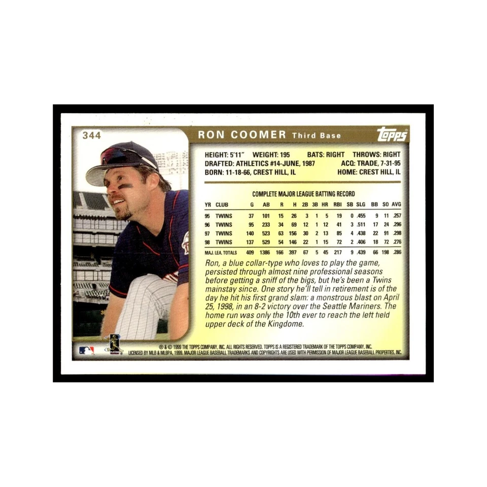 Ron Coomer 1999 Topps #344 Minnesota Twins Baseball Card NM - Image 2 of 3