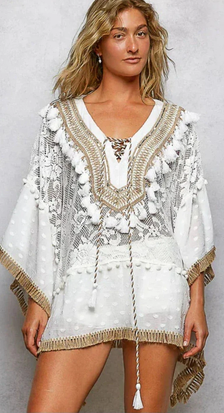 POL Womens M Twine Fringe Pompom And Tassel Accented Lace Poncho Top Ivory Cream