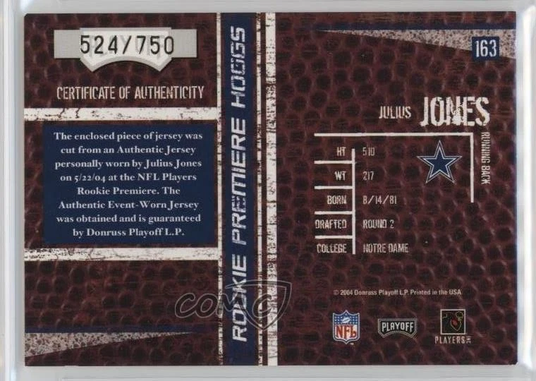 2004 Playoff Hogg Heaven Rookie Premiere Hoggs /750 Julius Jones #163 Rookie RC - Image 2 of 2