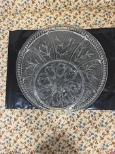 Vintage Clear Glass Round Serving Platter Leaf Etched Design Divided Tray