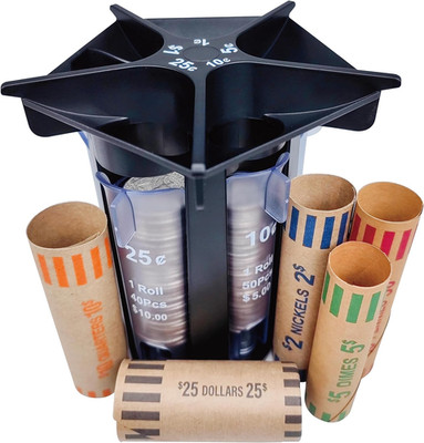Coin Sorter Tube Coin Counter with Coin Wrappers, 5-In-1 Change Sorter Change Co