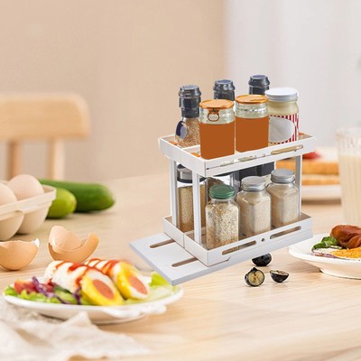Pull Rotate Spice Rack Multifunctional Large Capacity Stable 2 Tier Spice Organi