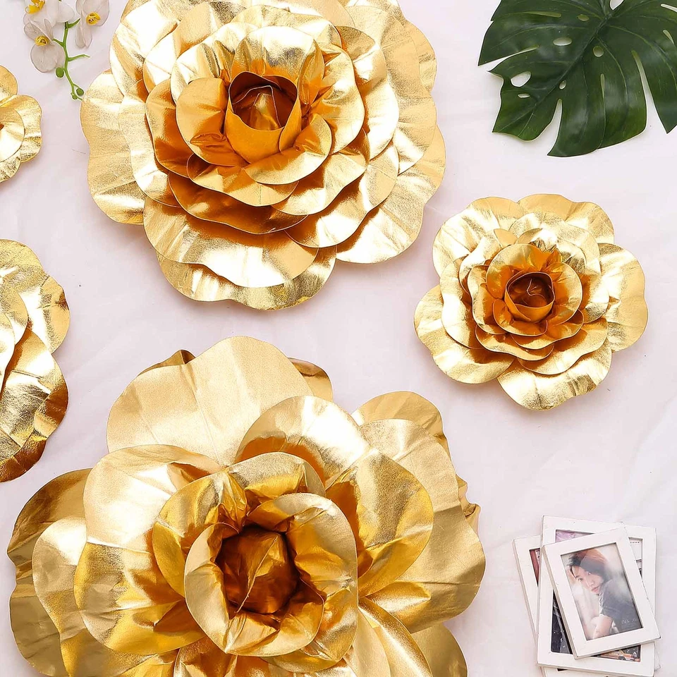 6 pcs 8" Gold Artificial Large Roses Flowers Wall Backdrop Party Wedding - Image 3 of 4