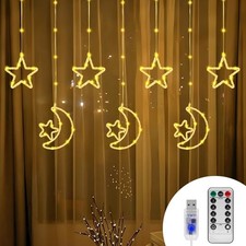 130 LED Star Moon Curtain String Lights,8 Modes Christmas Lights White