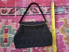 VTG black beaded bead ornate leaf leaves deco chic handbag purse ladies glamour