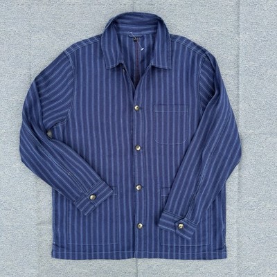 Bonobos Linen Chore Coat Shirt Jacket Men L Indigo Striped Unlined