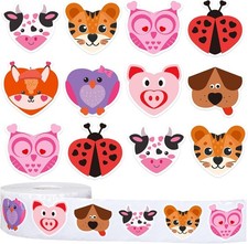 Whaline 1000Pcs Valentine's Day Animals Stickers Roll Heart Shape Animal Decals