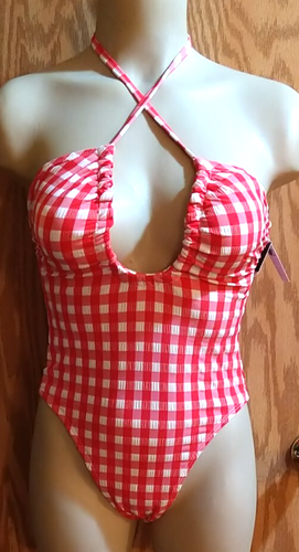 Wild Fable XXS Red Textured Gingham Cross Halter High Leg Swimsuit New - Picture 9 of 9