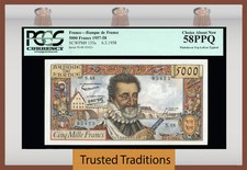 TT PK 135a 1957-58 FRANCE 5000 FRANCS  KING HENRY IV  PCGS 58 PPQ RARE GRADE !
