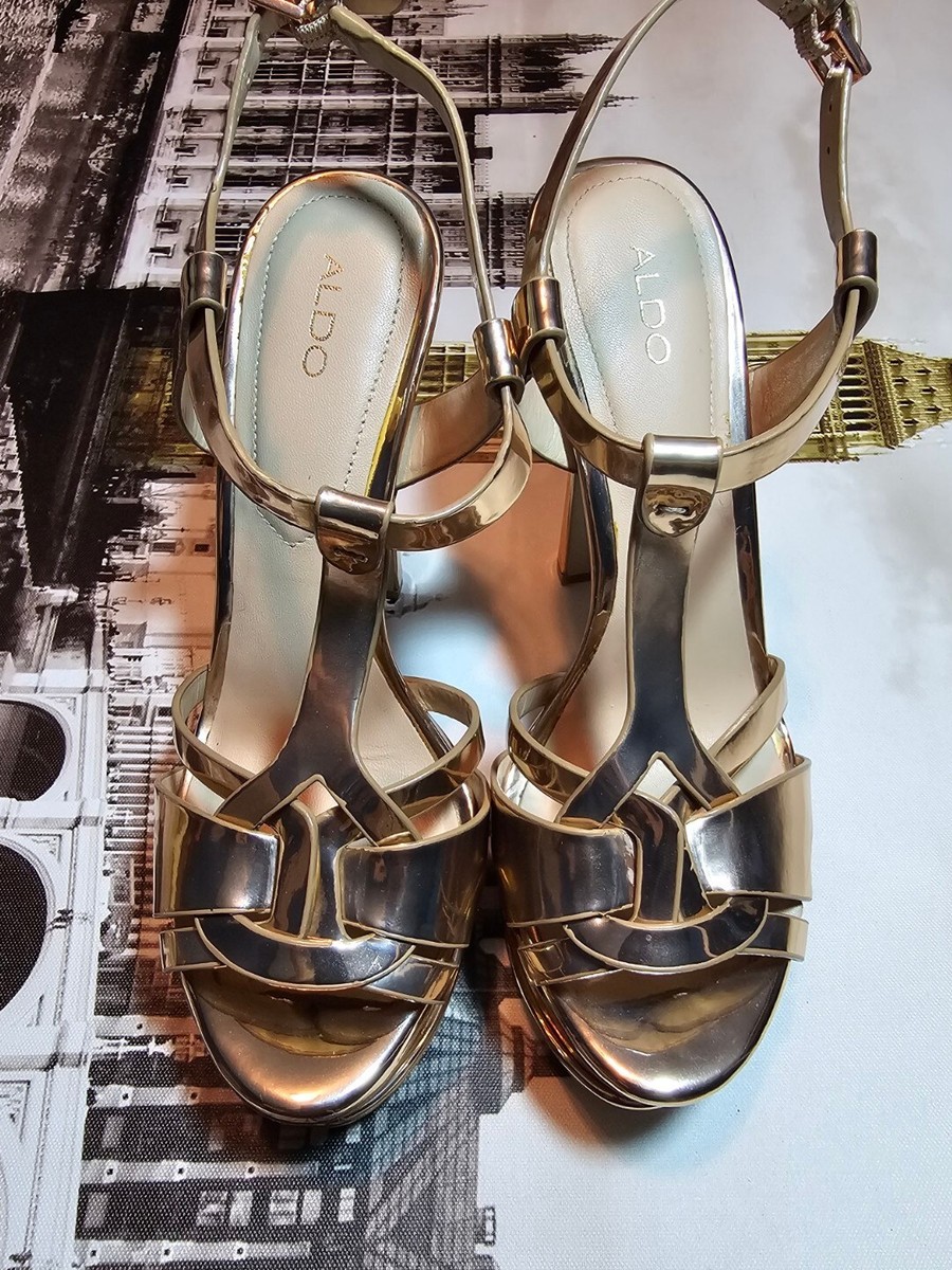 Aldo Lacla Platform Heels Gold Metallic Sandals Prom Dancer Club