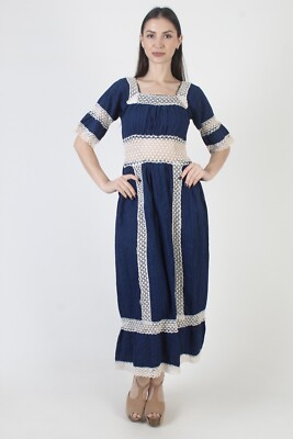 Navy Blue Bell Slv Mexican Dress Ethnic Crochet Lace Quinceanera Pintuck  Maxi | eBay