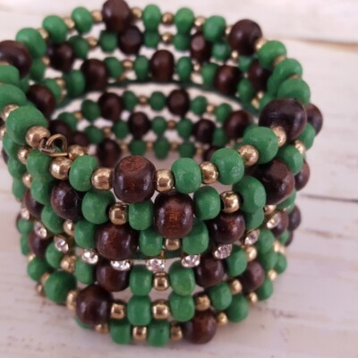 Fashion Jewelry Green and brown wooden bead coil bracelet