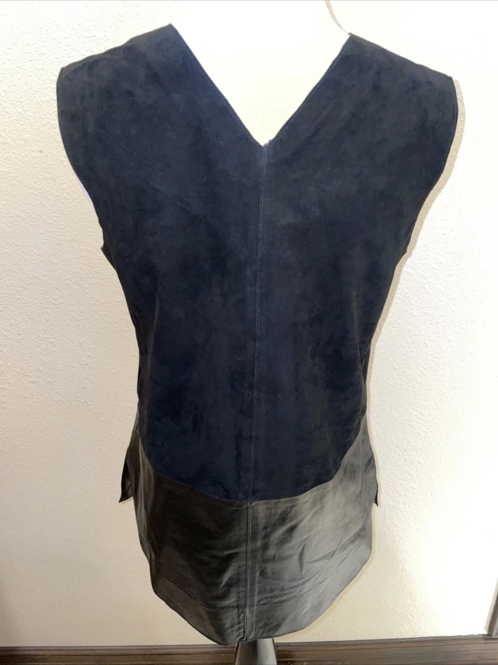 VINCE Women Black Suede & Leather V Neck Sleeveless Tank Vest Top Size 4 - Image 2 of 4
