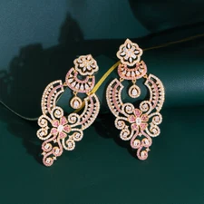 Dubai Gold Plated Luxury Flower Dangle Earrings CZ Wedding Banquet for Bridal