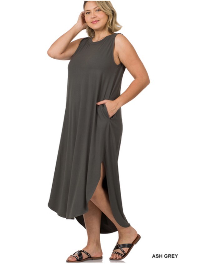 Zenana 1X Grey Sleeveless Brezzy Maxi Split Sides Maxi Dress