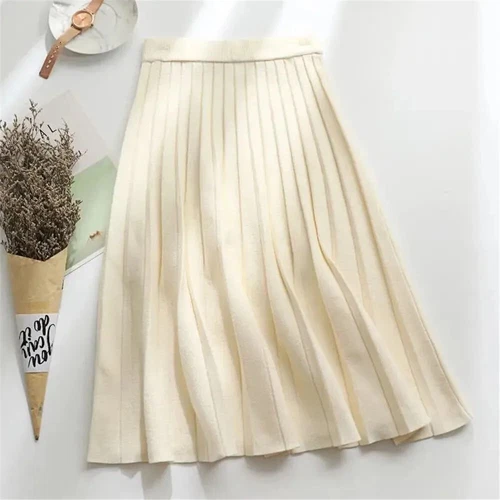 Women Knitted Midi Skirt Black A-Line High Waist Elegant Pleated Long Skirt - Picture 13 of 20