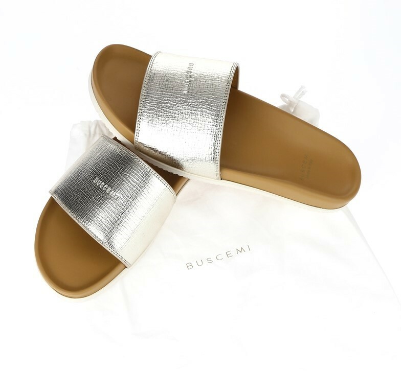 Unisex BUSCEMI 225760 silver / tan leather slides sandals sz  display picture 2