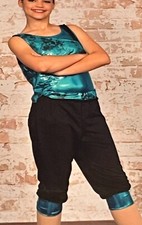 Revolution Dancewear Peacock Blue Leotard w/Blck Peacock Trim Pants/Headband -SA