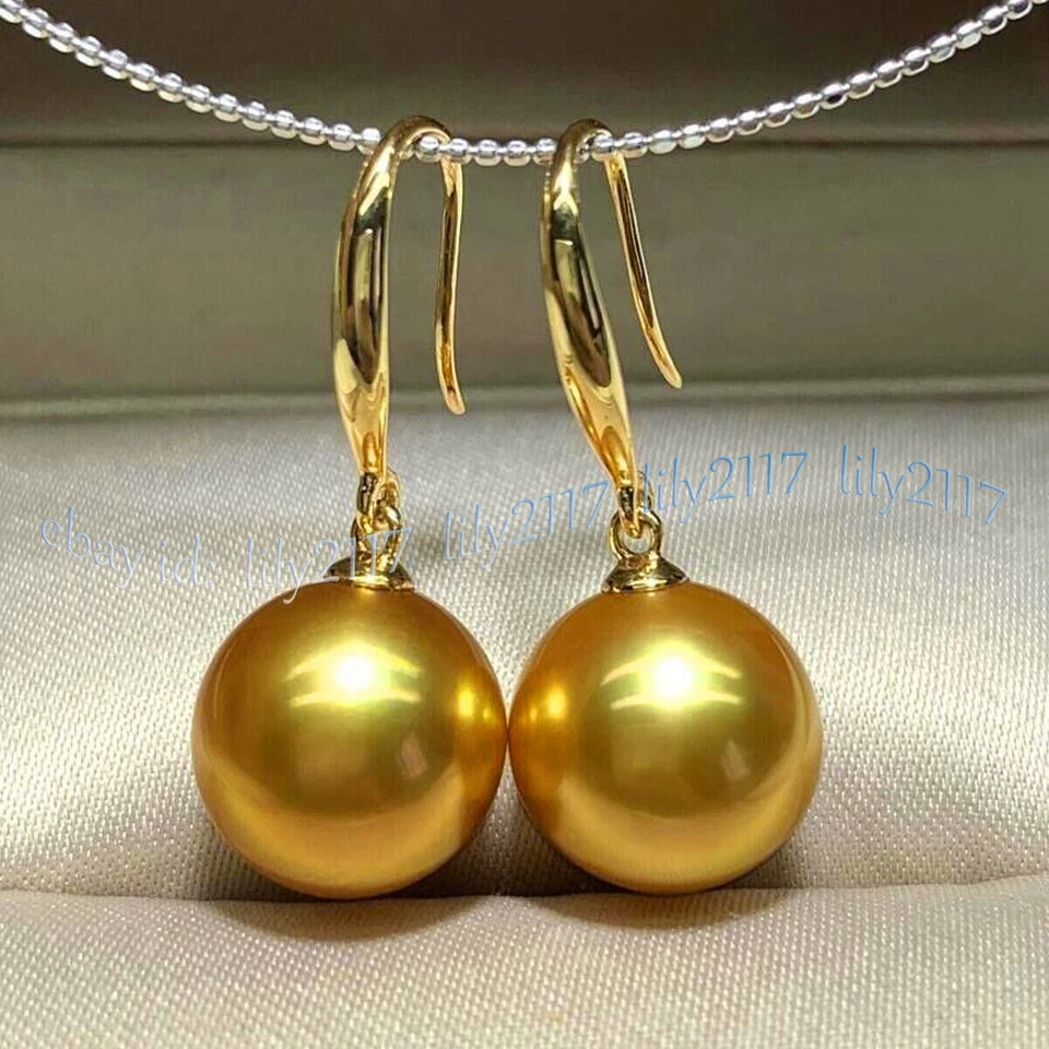 Pendientes de gancho colgantes de perlas doradas redondas naturales reales del Mar del Sur de oro de 14 quilates de 9,5-10 mm Foto 4 de 4