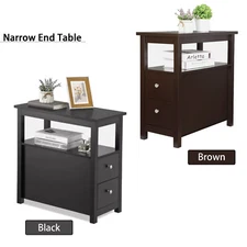 End Table Narrow Accent Side Table with 2 Drawer Storage for Bedroom Black/Brown