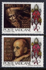 VATICAN Sc#630-1 1977 Pope Paul VI 80th Birthday MNH