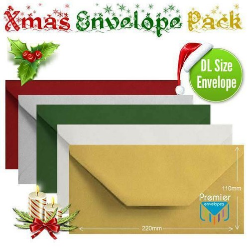 50 Festive Xmas Card Envelopes Multi Coloured DL Gummed Christmas Card Envelope