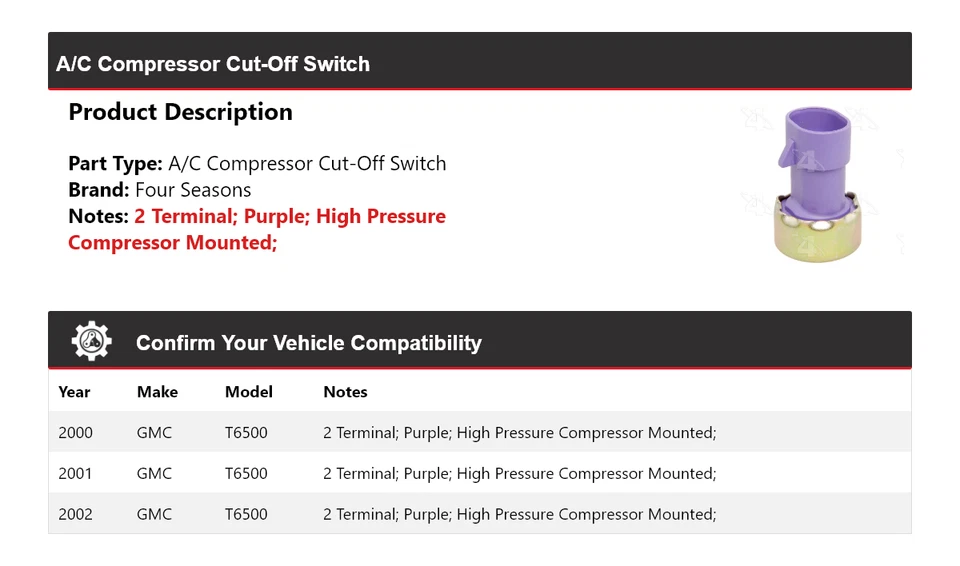 Interruptor de corte de compresor de aire acondicionado GMC T6500 2000-2002 4 estaciones 2001 Foto 2 de 4