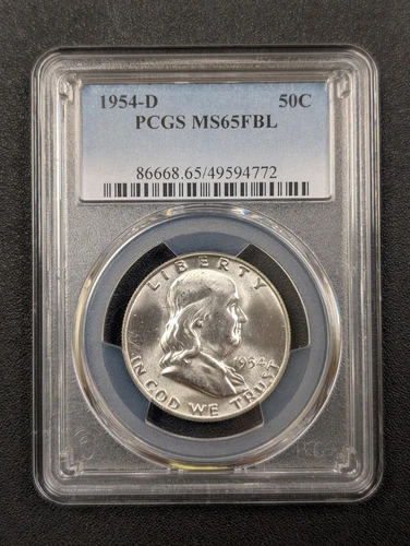 1954-D MS 65FBL Franklin Half Dollar PCGS Frosty, 50c, 90% Silver