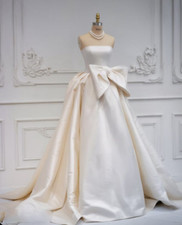 Champagne Satin Wedding Dresses with Big Bow Sleeveless A Line Bridal Gowns